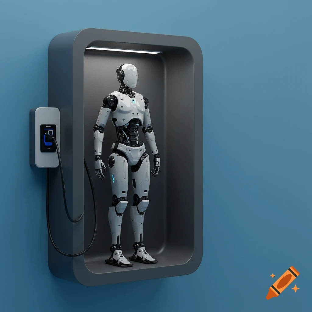A humanoid robot stands in a charging station alcove.