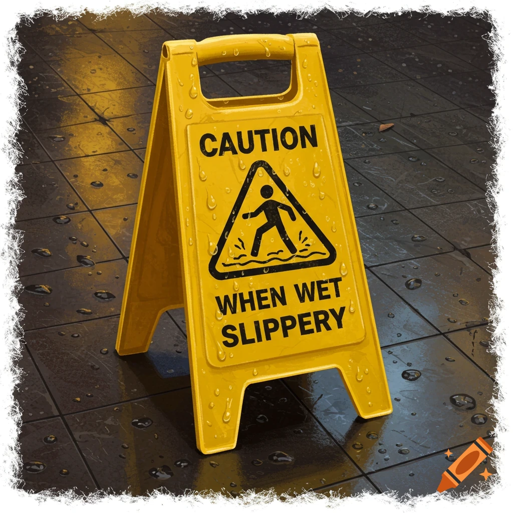 Yellow caution wet slippery sign on a wet tile floor.