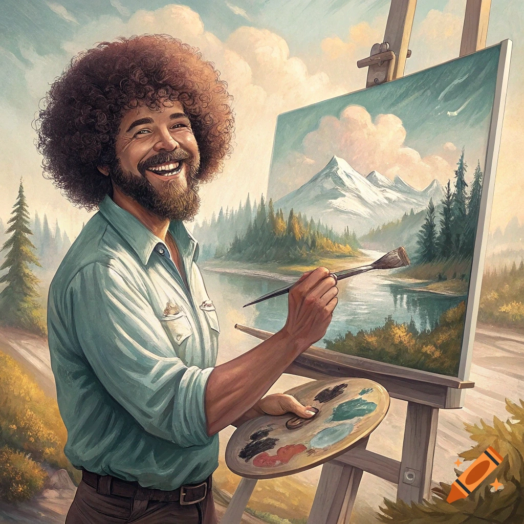 Bob Ross painting a mountain landscape on an easel outdoors