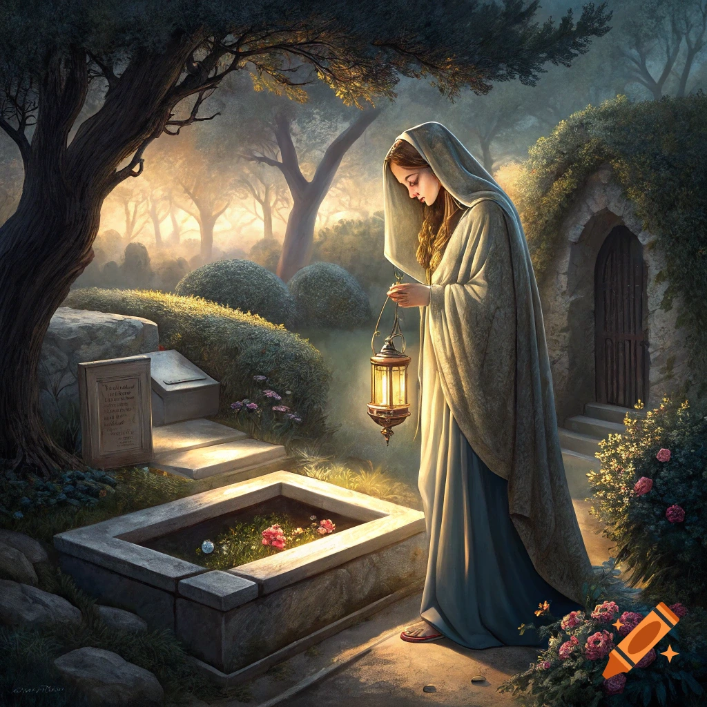 Woman with lantern by empty tomb in atmospheric garden