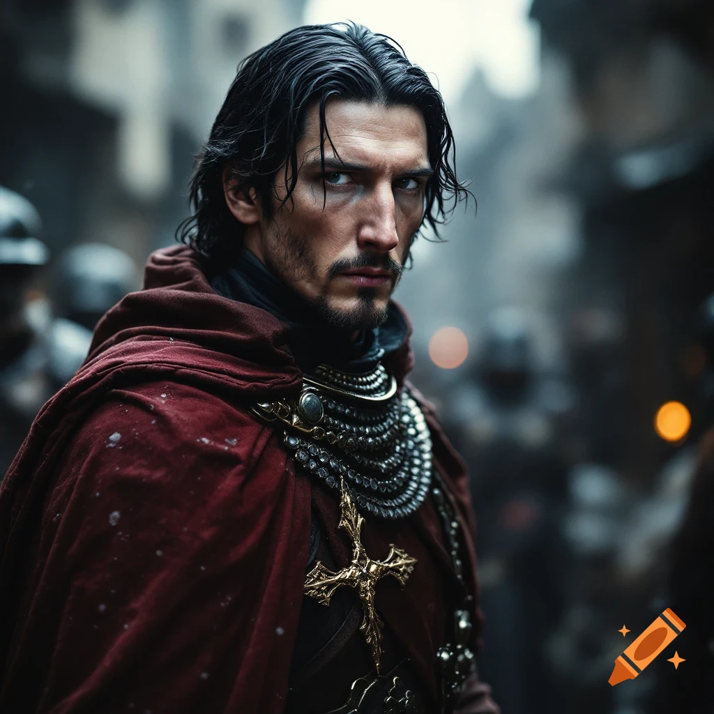 Portrait of a man in a red cape and elaborate collar with a cross, looking intently.