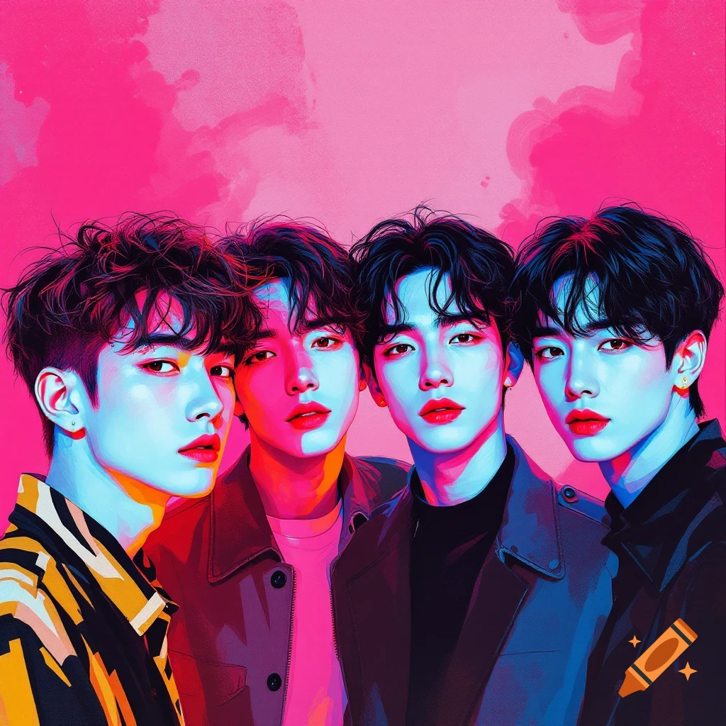 Stylized depiction of four people with dark hair and red lipstick against a vibrant pink background.