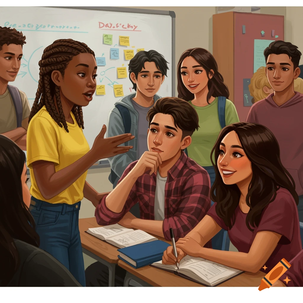 A diverse group of students in a classroom discussion near a whiteboard.