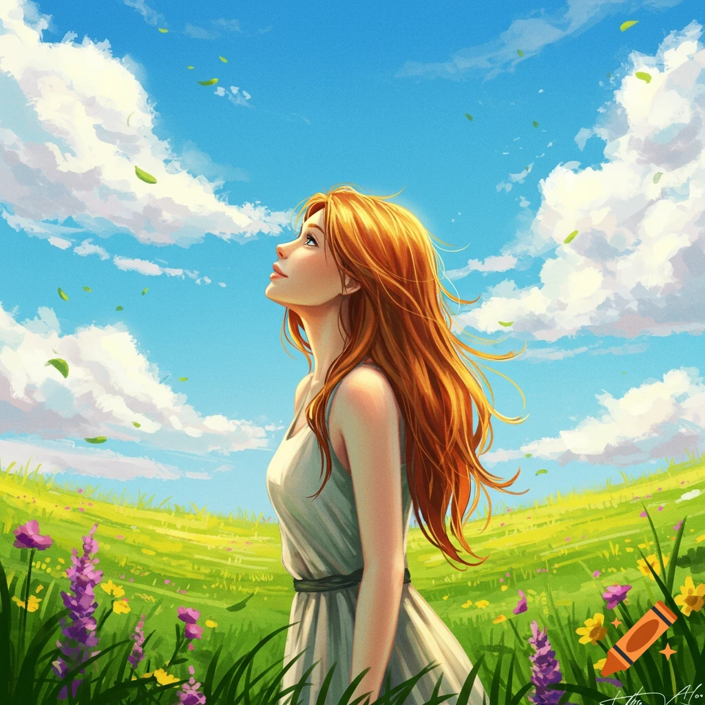 A young woman with red hair is looking up at the sky in a grassy meadow with flowers.