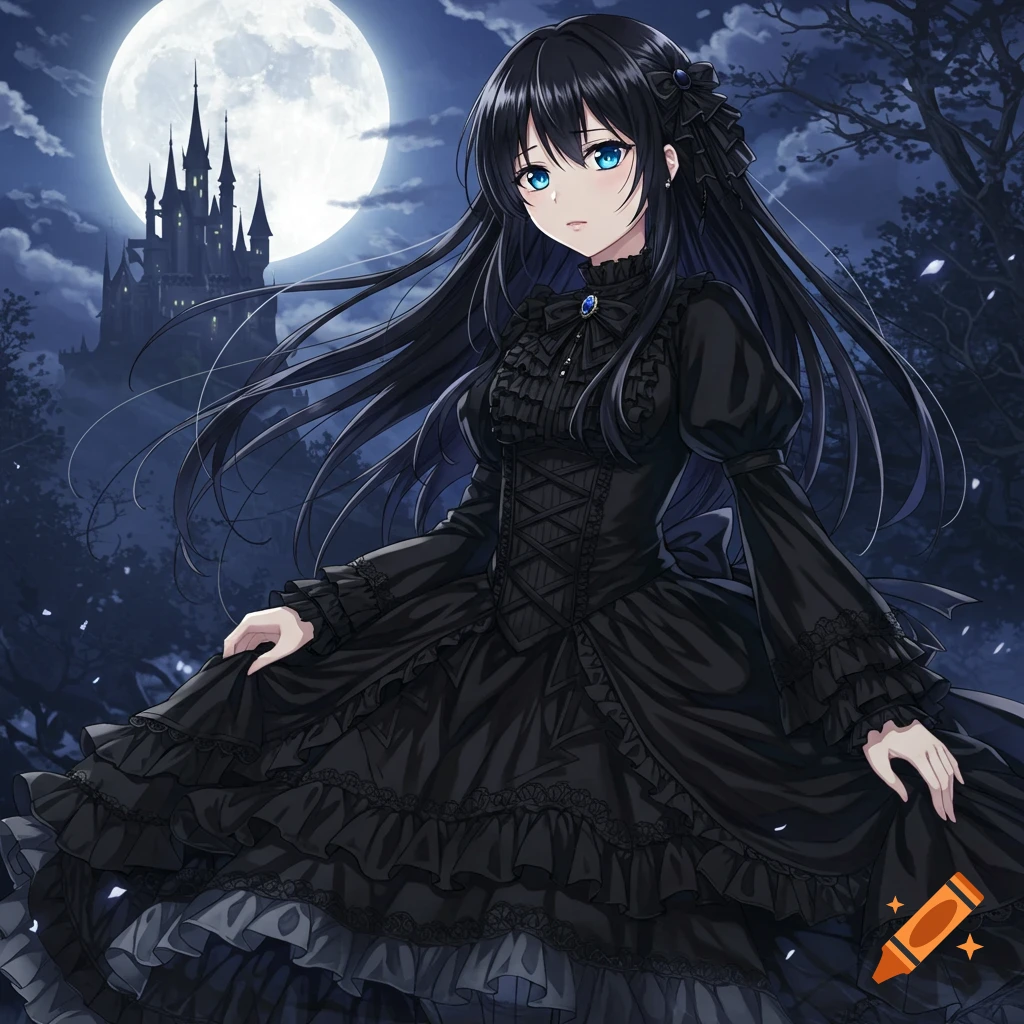 Anime girl in black Victorian dress in a forest with a castle and full moon background.