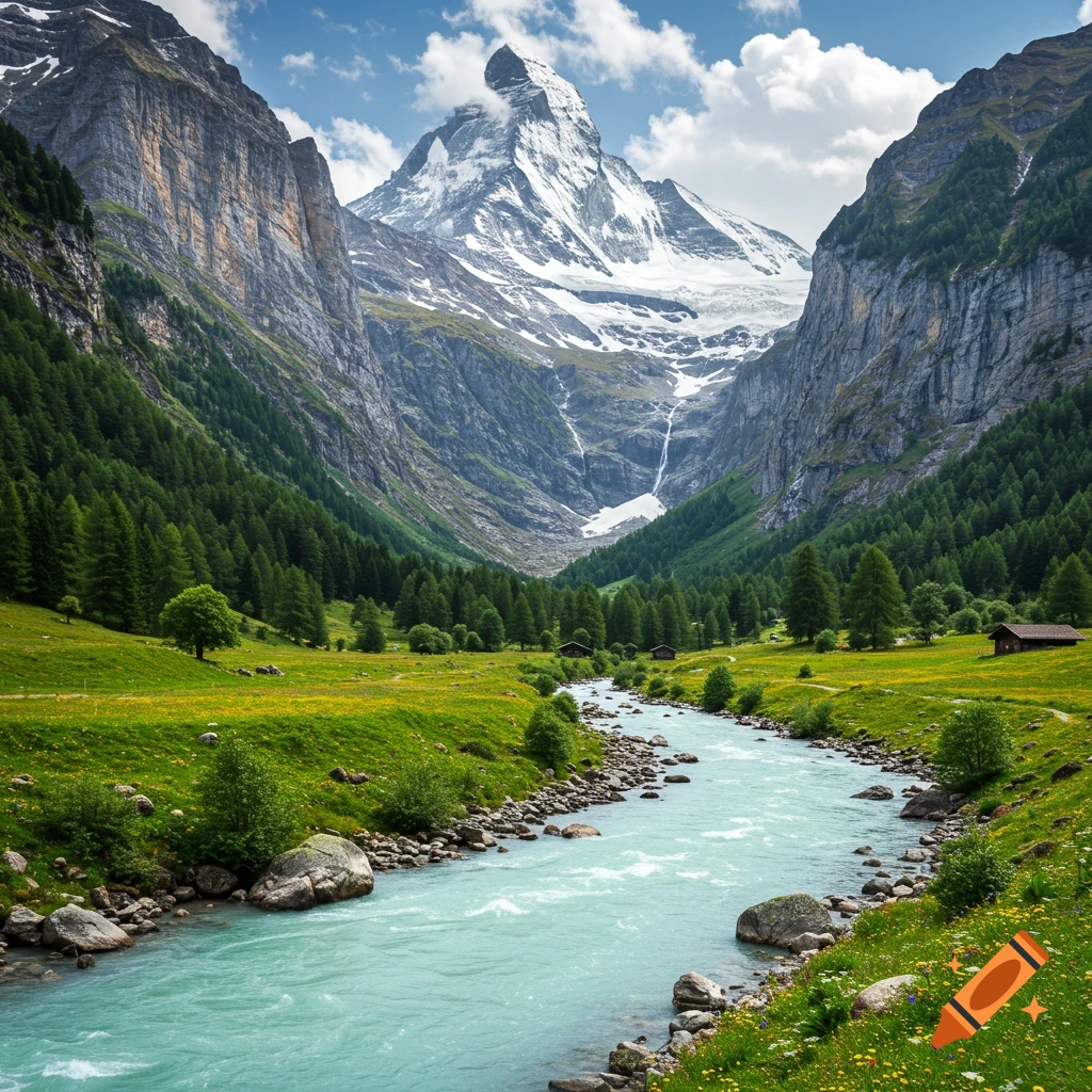 A river flows through a green valley towards the Matterhorn mountain in the Swiss Alps.