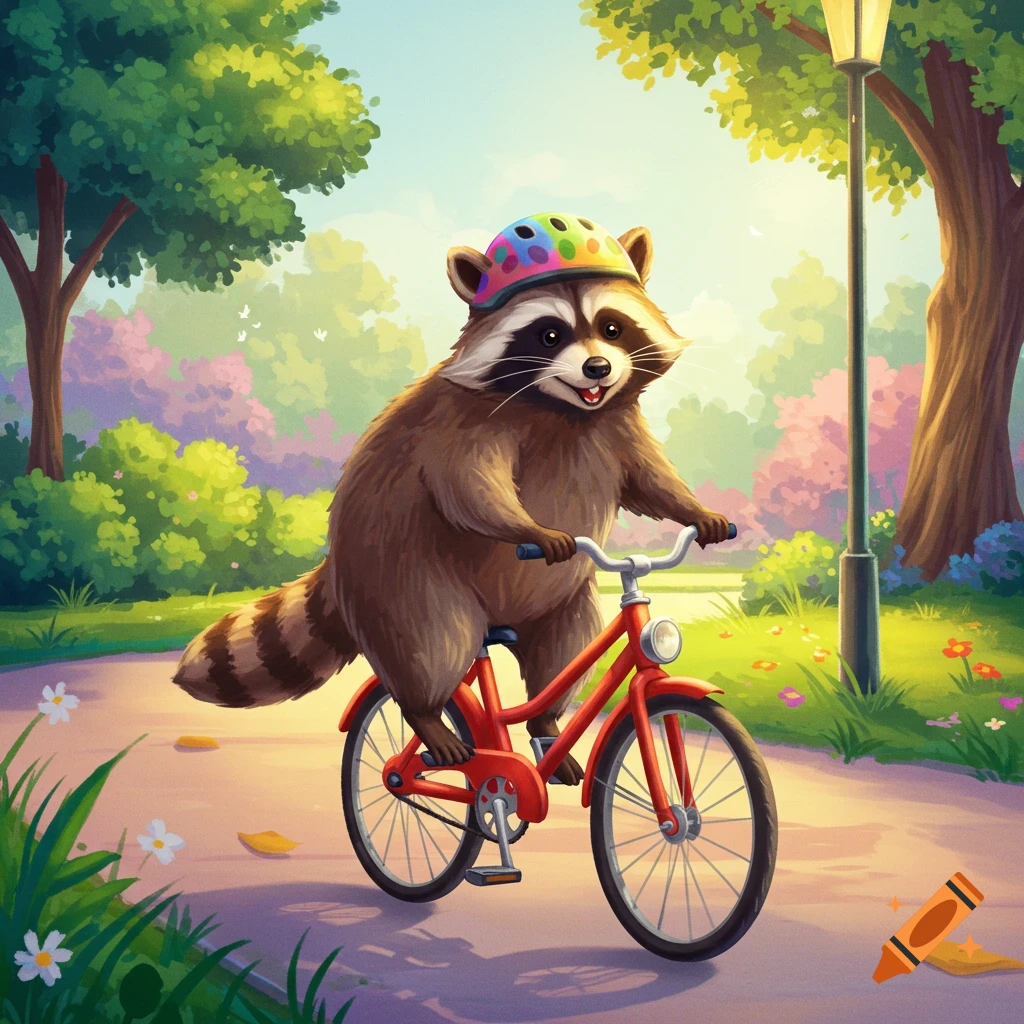 Cartoon raccoon wearing a rainbow helmet rides a red bike through a park.