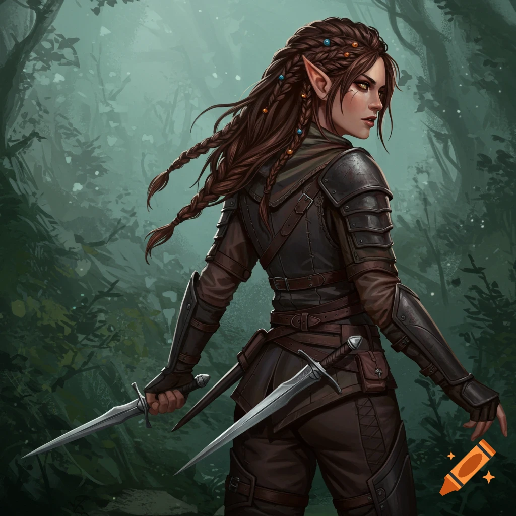 an elf rogue with daggers in a forest.
