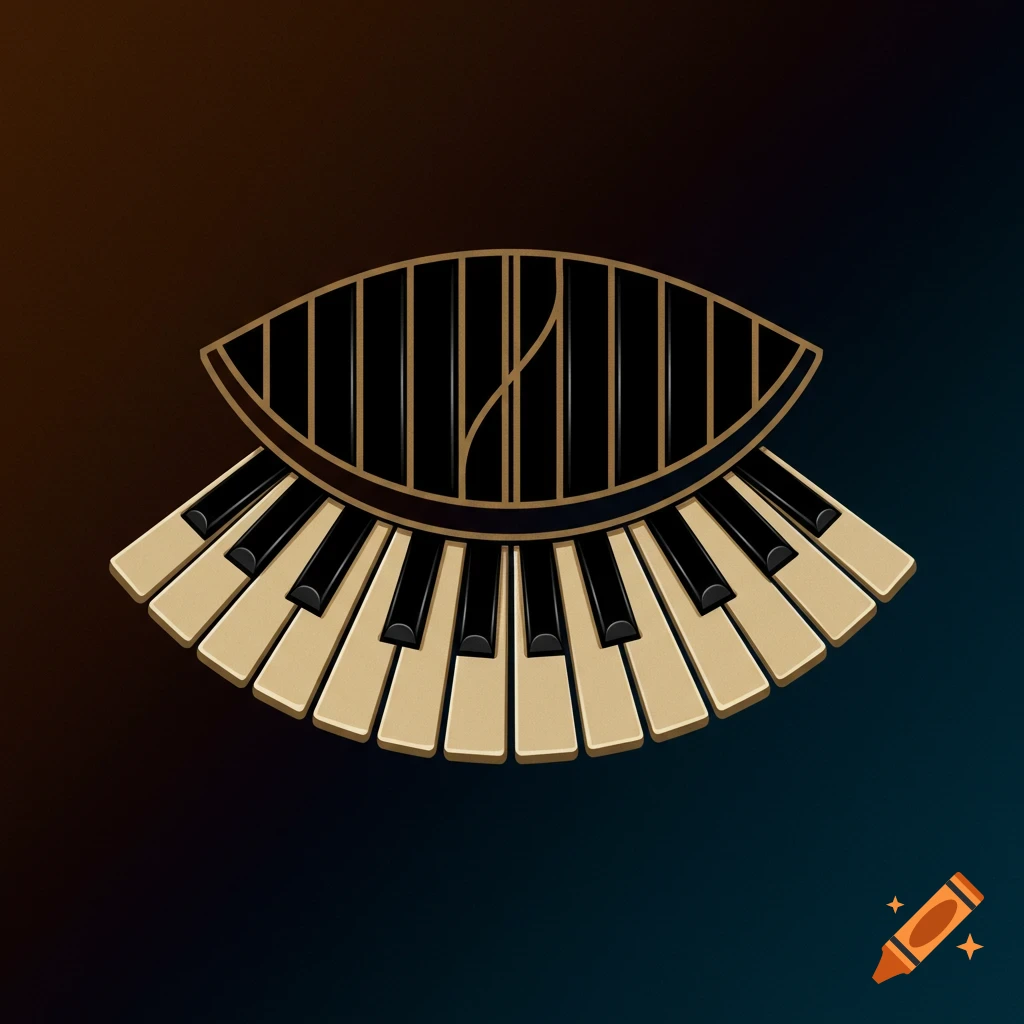 Logo emblem featuring classical piano keys arranged in a fan shape with a stylized eye design above.