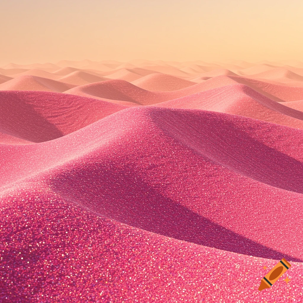 Rolling sand dunes covered in pink glitter under an orange sky.