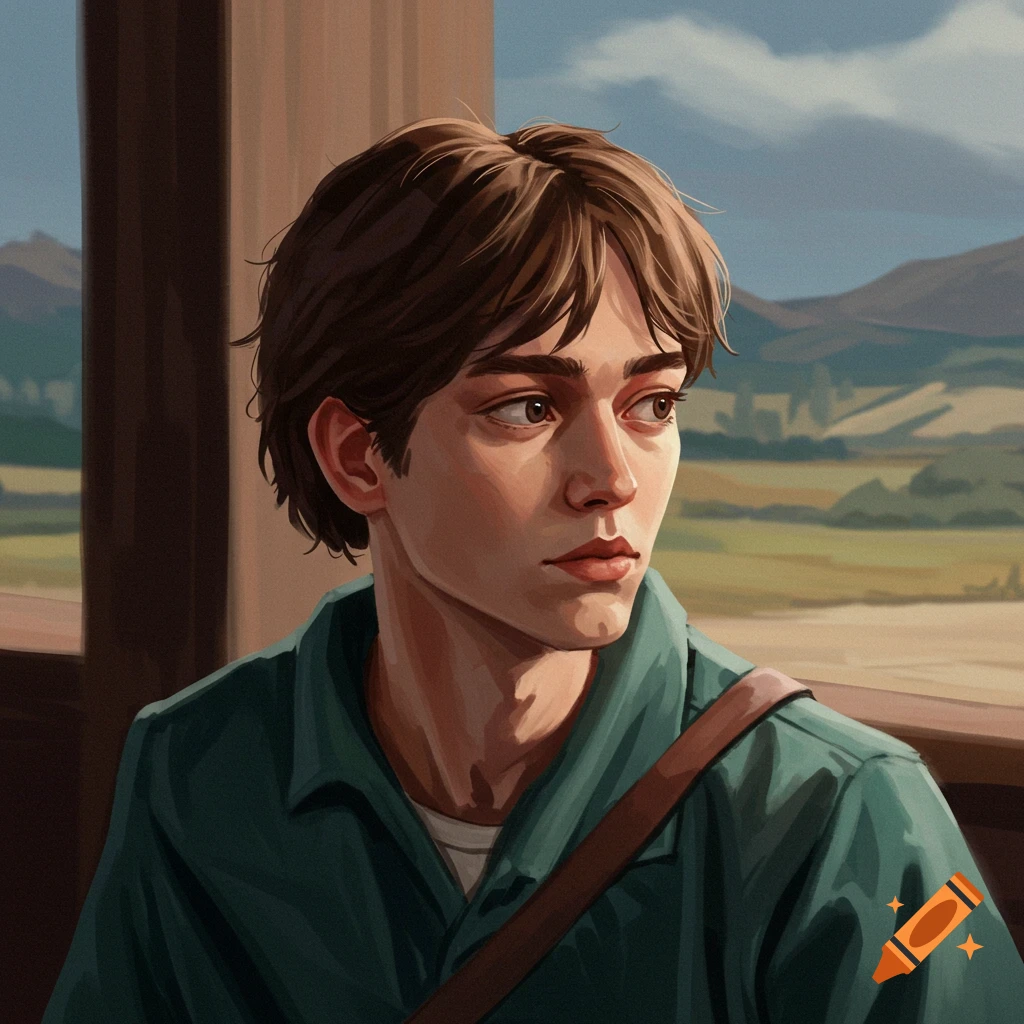 A young man is gazing out a window at a landscape.