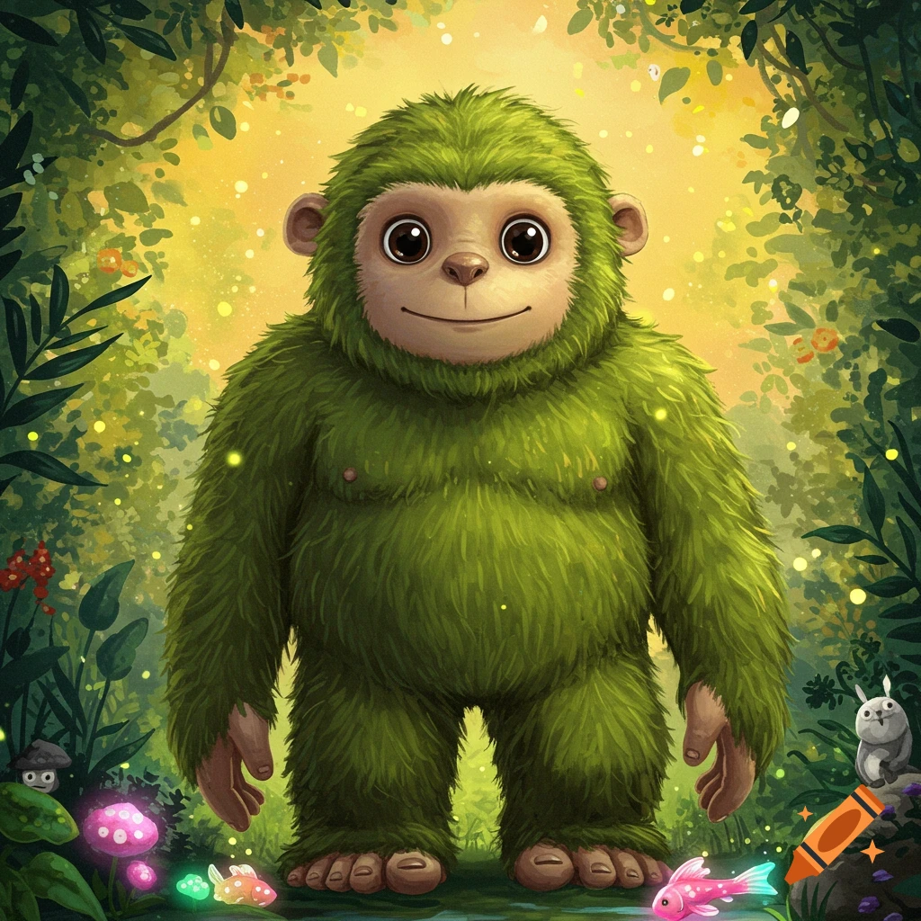 Green furry creature with big eyes stands in a whimsical forest.