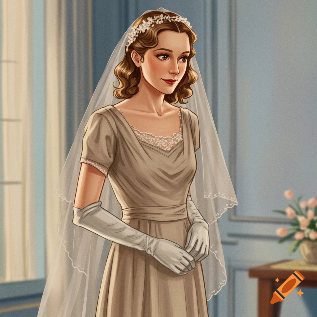 Image of a bride in a 1935-style taupe wedding dress and veil.