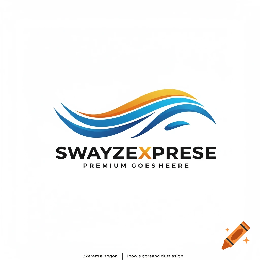 Logo with abstract wavy shapes in blue and orange above the text SWAYZEXPRESE and PREMIUM GOES HEERE.