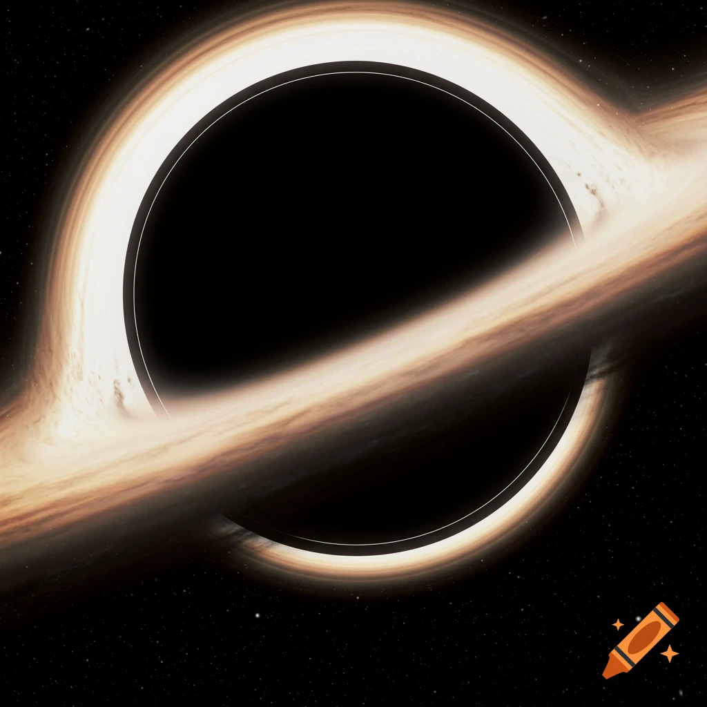 Realistic photo of a black hole and accretion disk in space