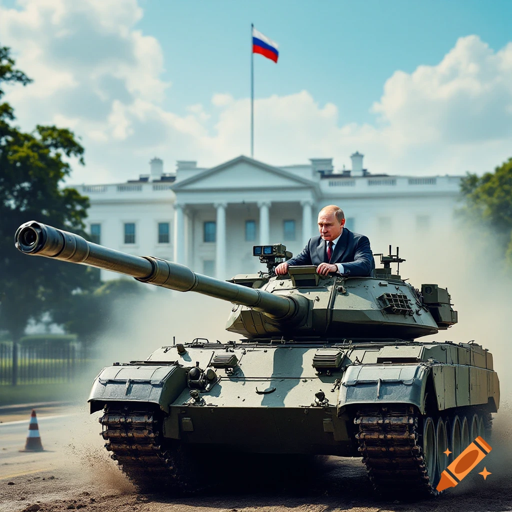 Vladimir Putin drives a tank in front of the White House.