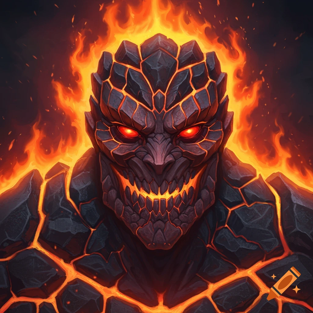 Close-up of a fantasy creature made of lava rock and fire with glowing red eyes