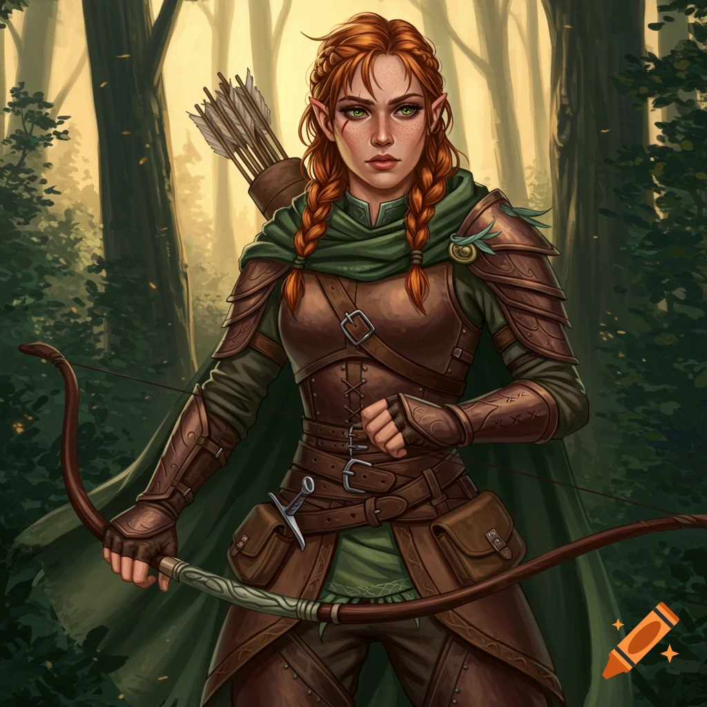 A female fantasy ranger with red braided hair and pointy ears holds a bow in a forest.