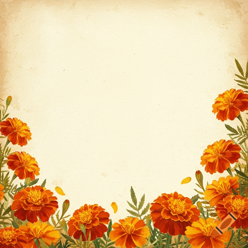 Orange marigold flowers bordering vintage paper