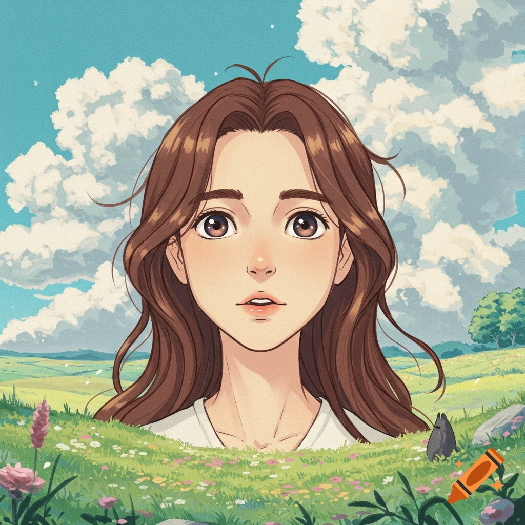 Anime portrait of a person in a field of flowers under a cloudy sky