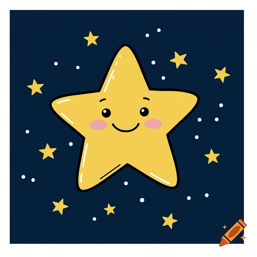 Cartoon star with a smiling face in a dark blue night sky filled with smaller stars.