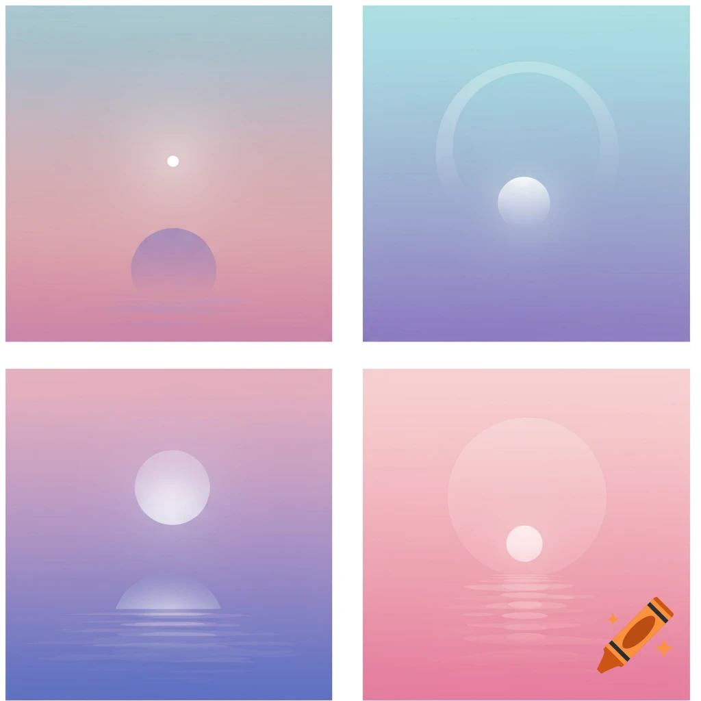 Four minimalist images of celestial bodies over water with gradient skies.