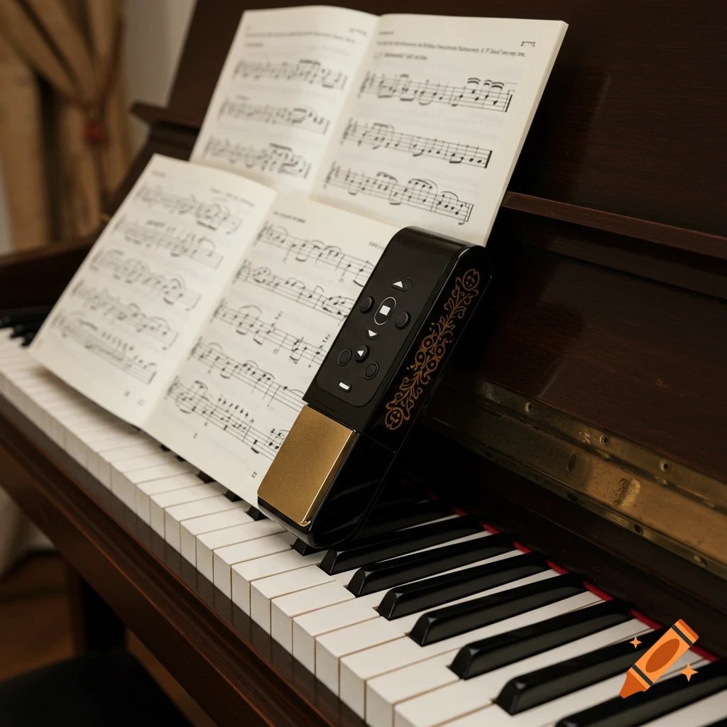 A black and gold page turner device rests on sheet music open on the keys of a dark brown piano.