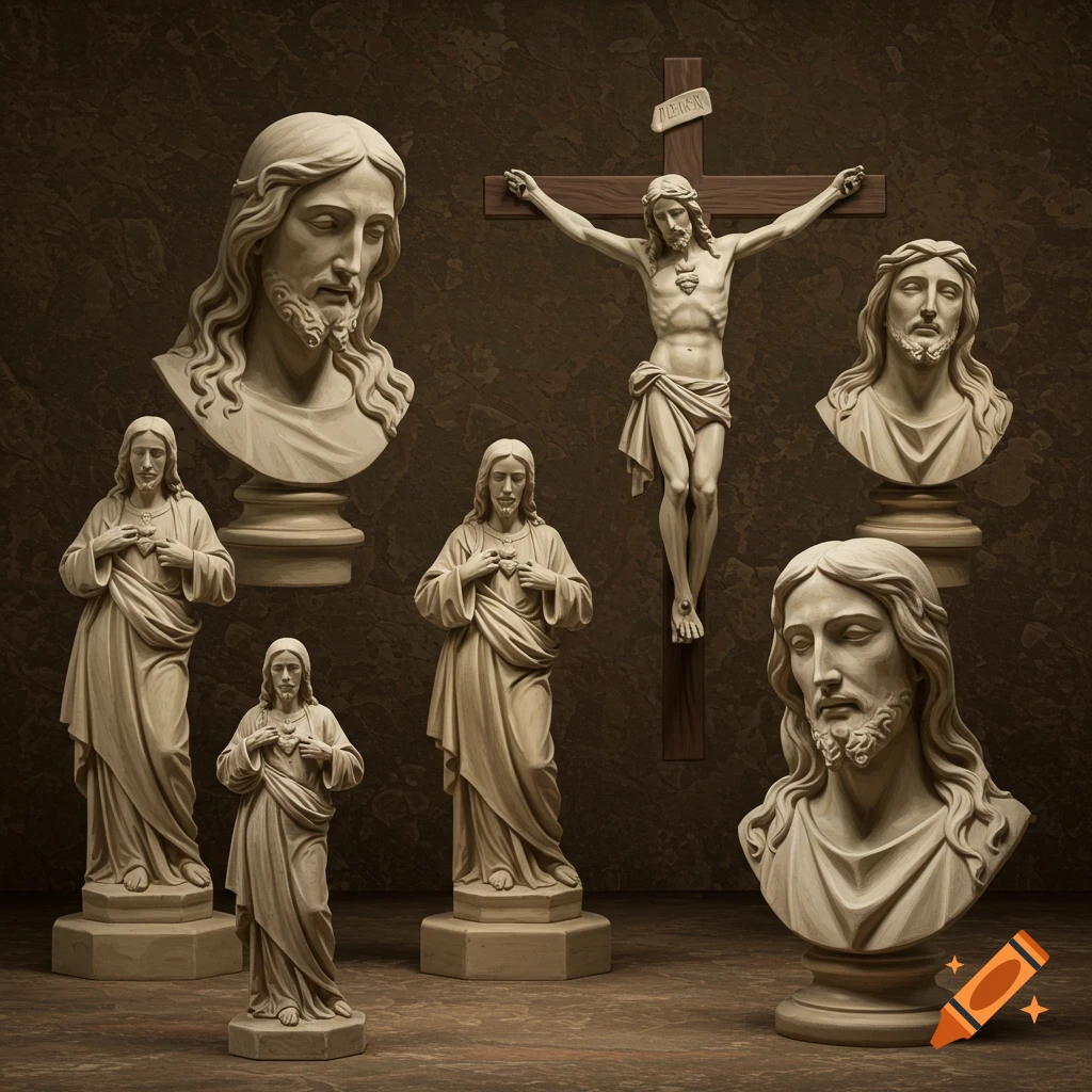 Multiple stone sculptures of Jesus, including busts, standing figures, and a crucifix.