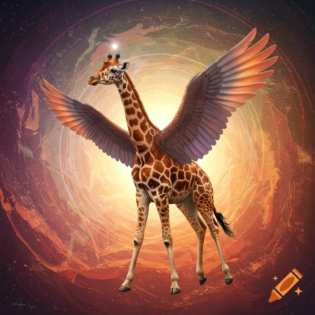 A winged giraffe flies through an abstract, cosmic background.
