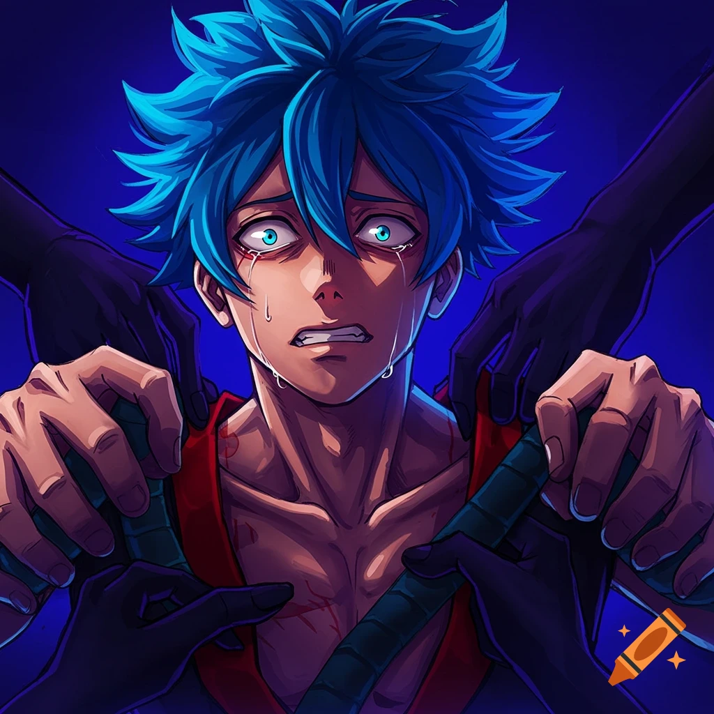 Anime character with blue hair crying and looking distressed, held by multiple dark hands.