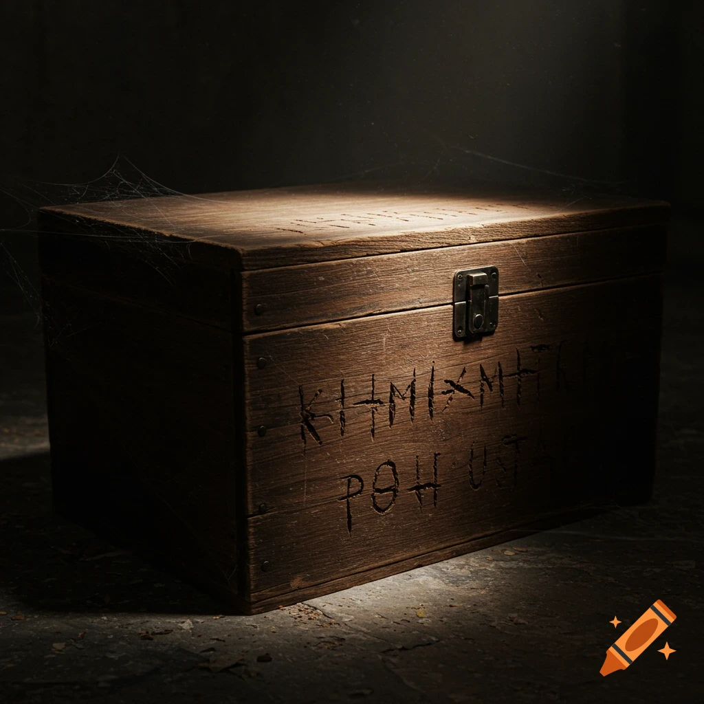 Rustic wooden faceless idol with big hollow round eyes in a dark room ...