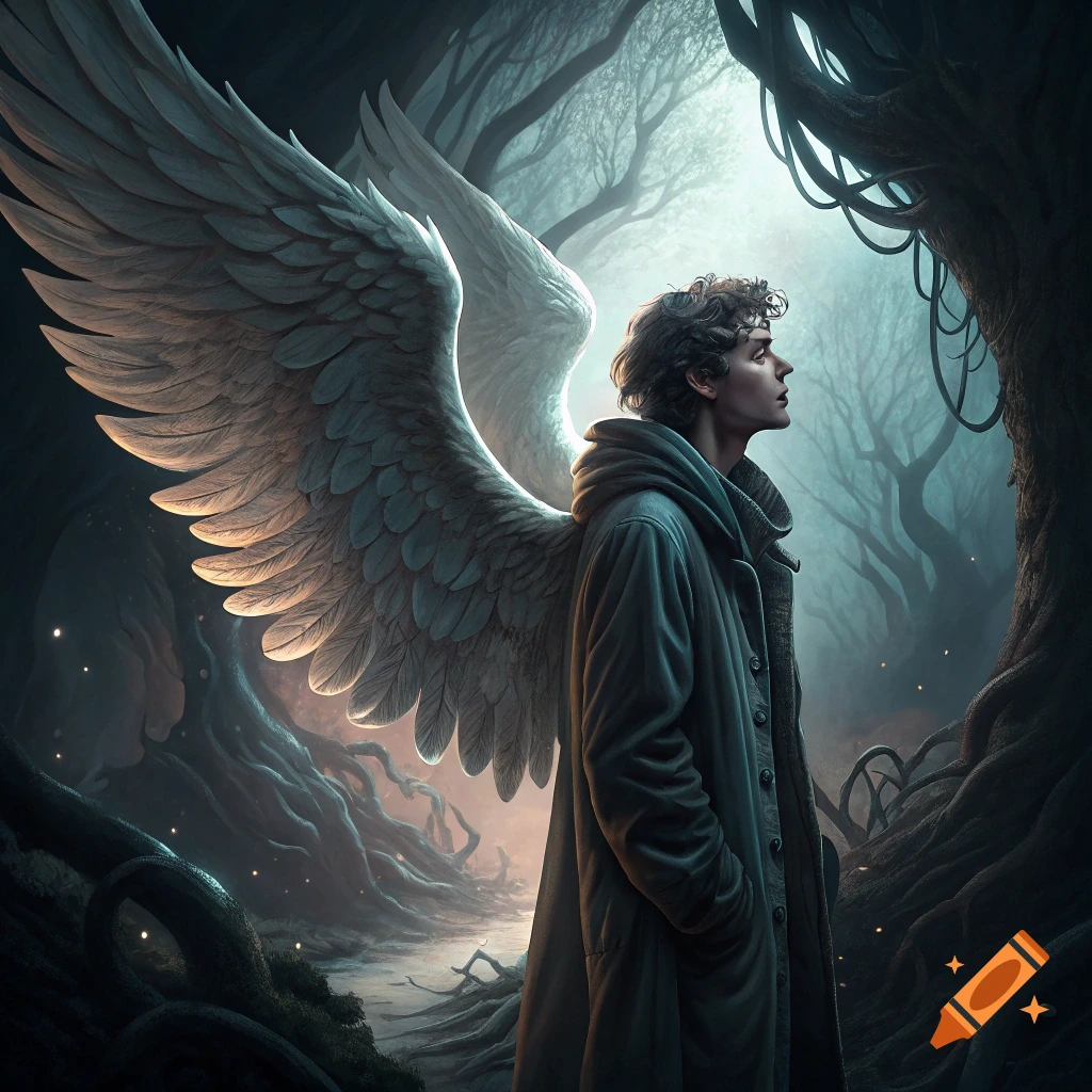 Figure with large wings in a dark, mystical forest looks up
