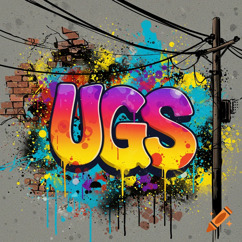 Colorful graffiti art spelling 'UGS' on a wall with paint splatters