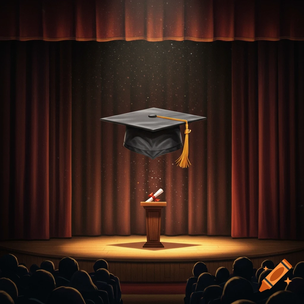 A graduation cap floats above a podium on a stage with curtains and an audience.
