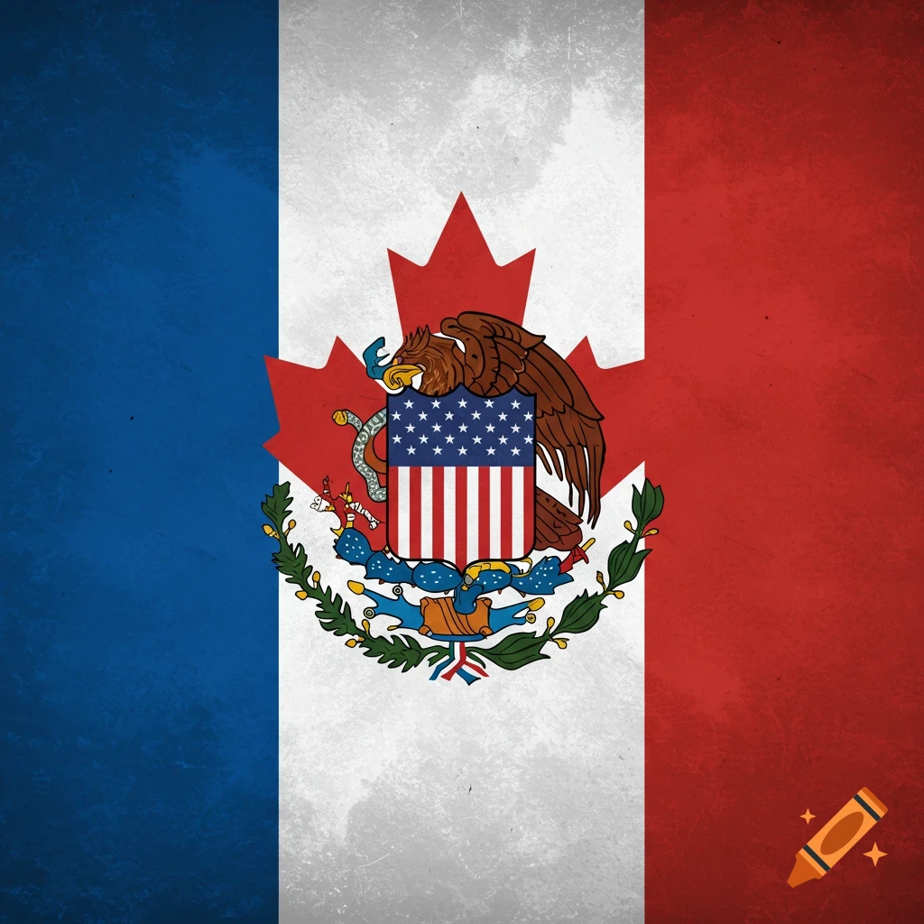 Distressed flag combining US, Canadian, and Mexican symbols on blue, white, and red stripes.