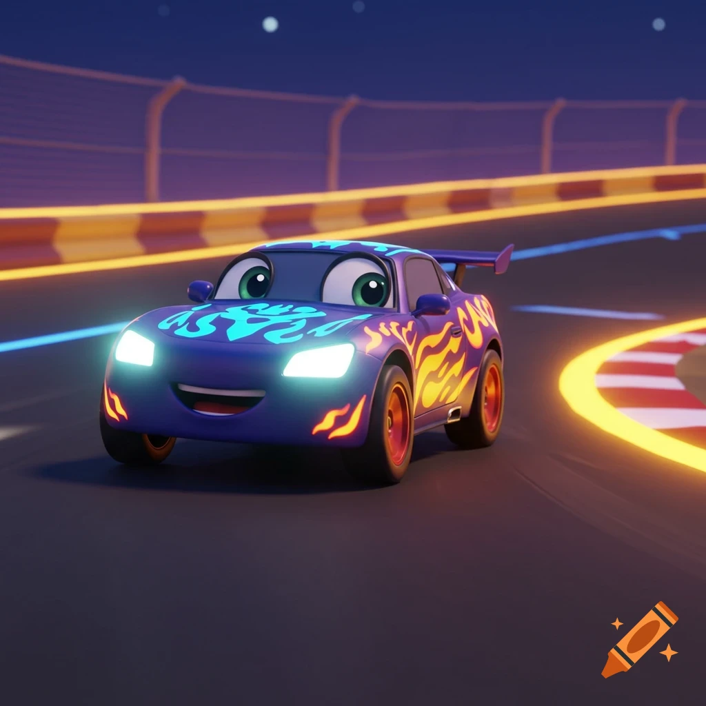 A blue cartoon car with big eyes and flame decals races on a track at night.