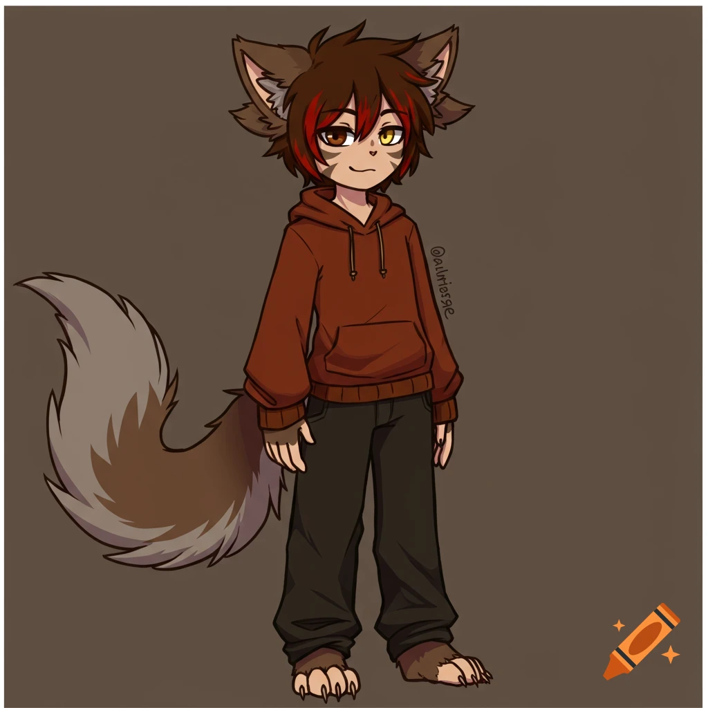 Anime style drawing of a furry character with brown and grey ears and tail, heterochromia eyes, wearing a brown hoodie.