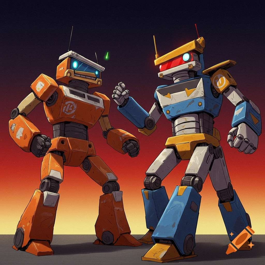 Two stylized robots, one orange and one blue/yellow, facing each other in a dynamic pose.
