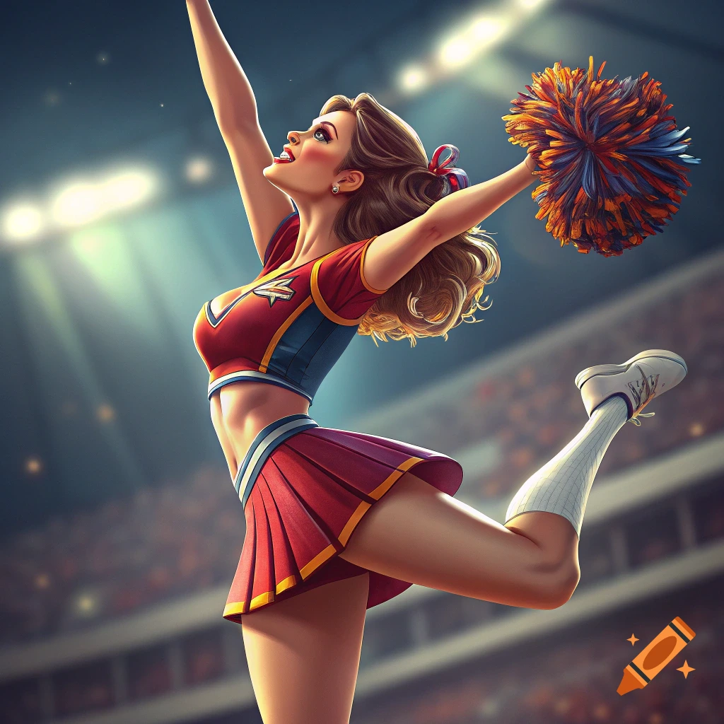 An illustrative image of a cheerleader mid-jump in a stadium.