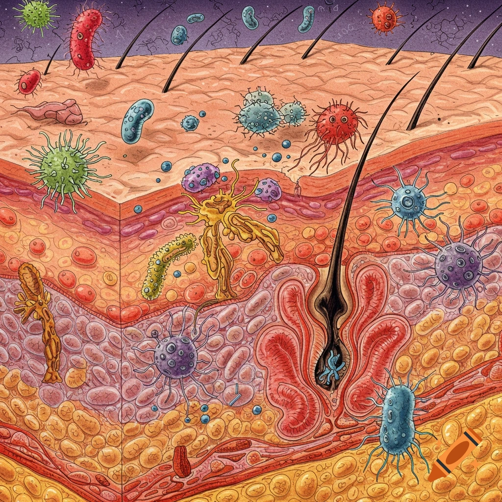 Illustration of a cross-section of skin showing hair follicles and microorganisms.