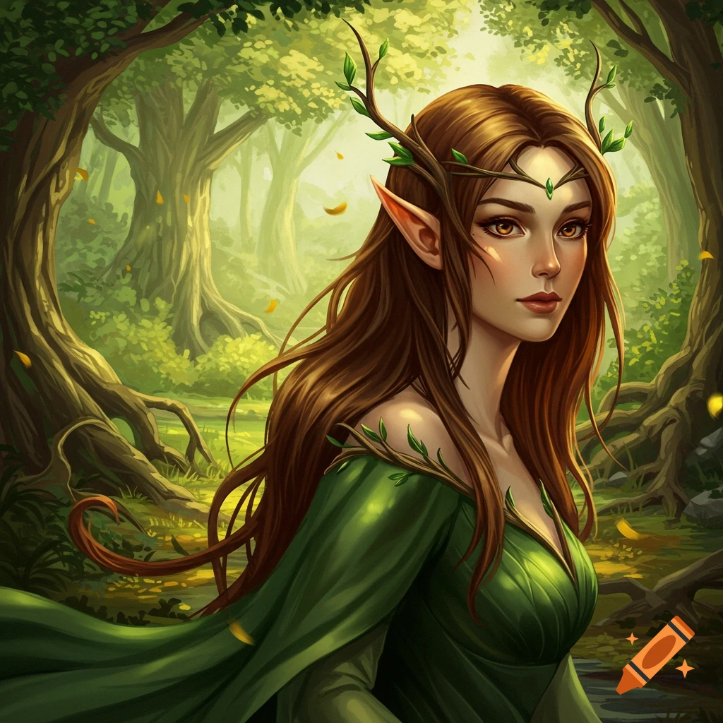 A wood elf woman in a forest.