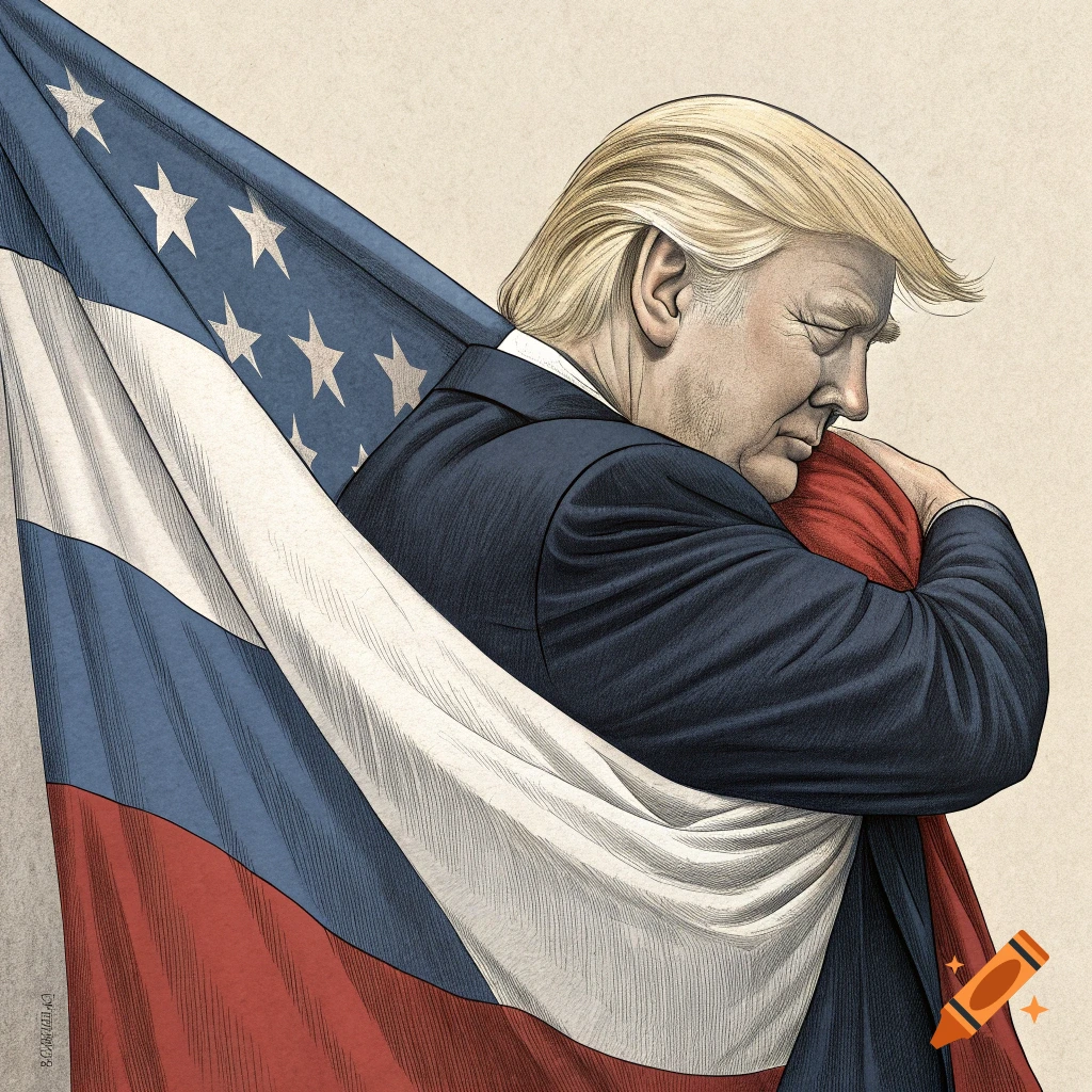 Illustration of Donald Trump hugging the Russian flag with a US flag behind him.