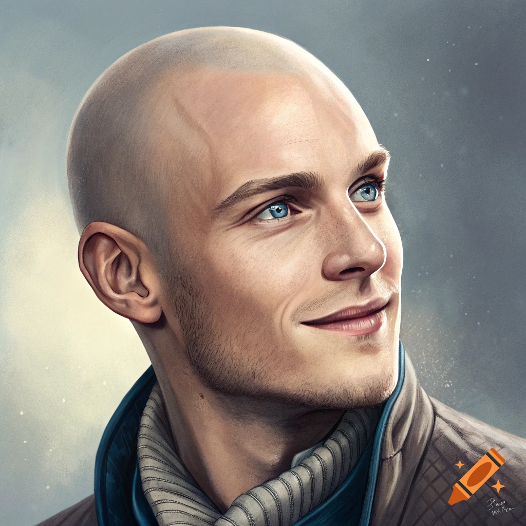 Close-up digital portrait of a bald man with blue eyes, looking up and smiling.