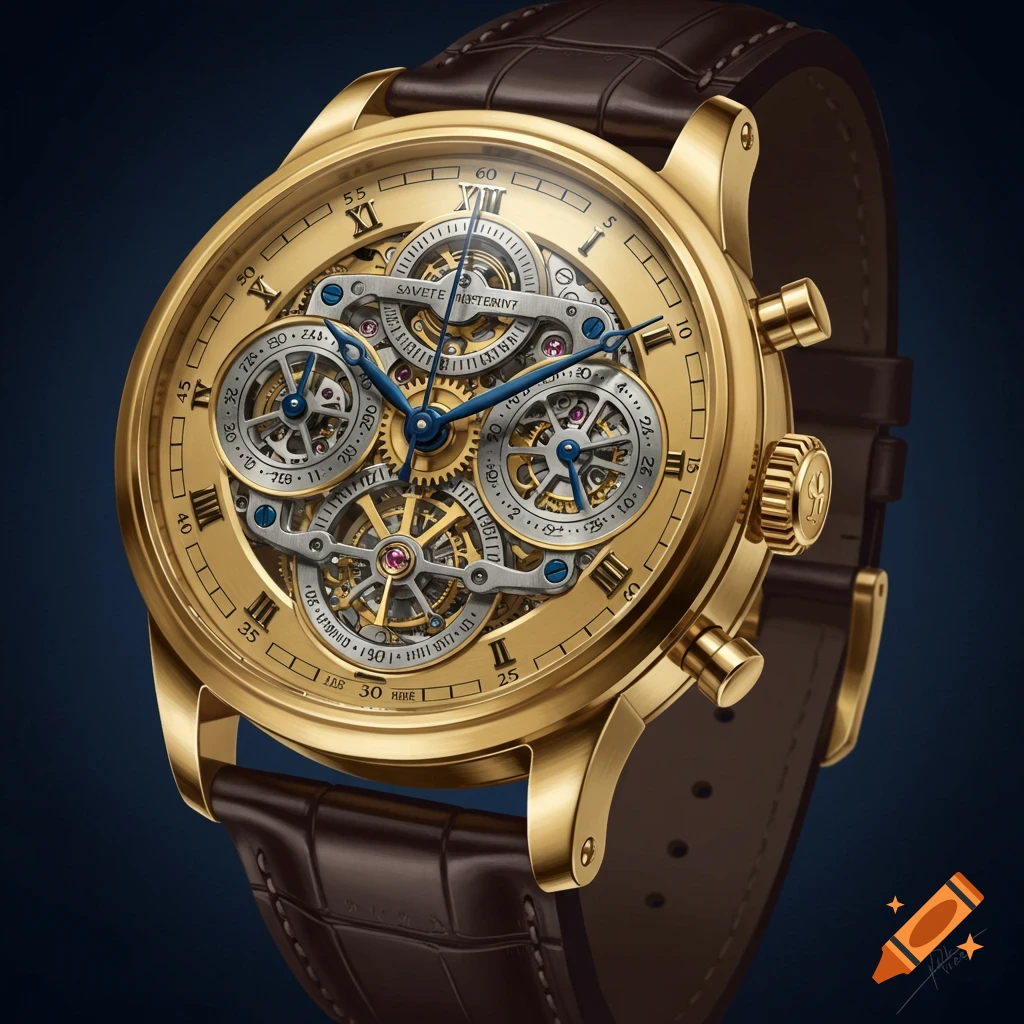 Close-up of a detailed golden mechanical watch with a brown leather strap.