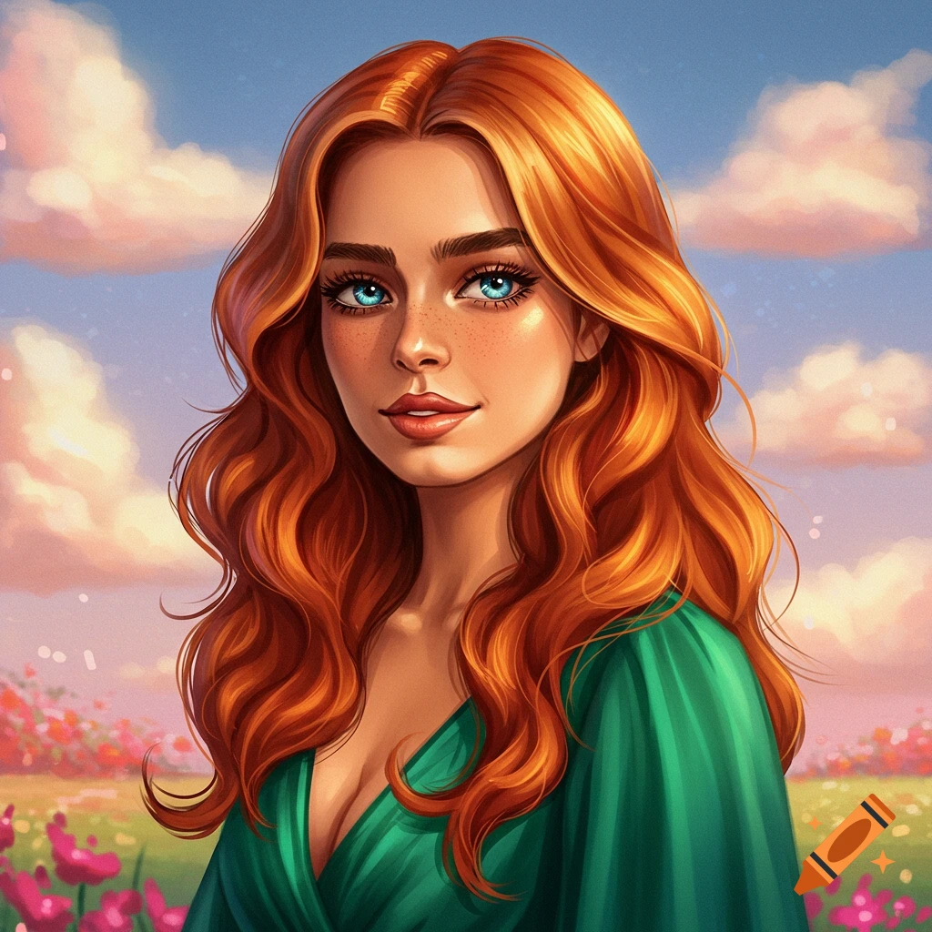 A woman with red hair and blue eyes in a field