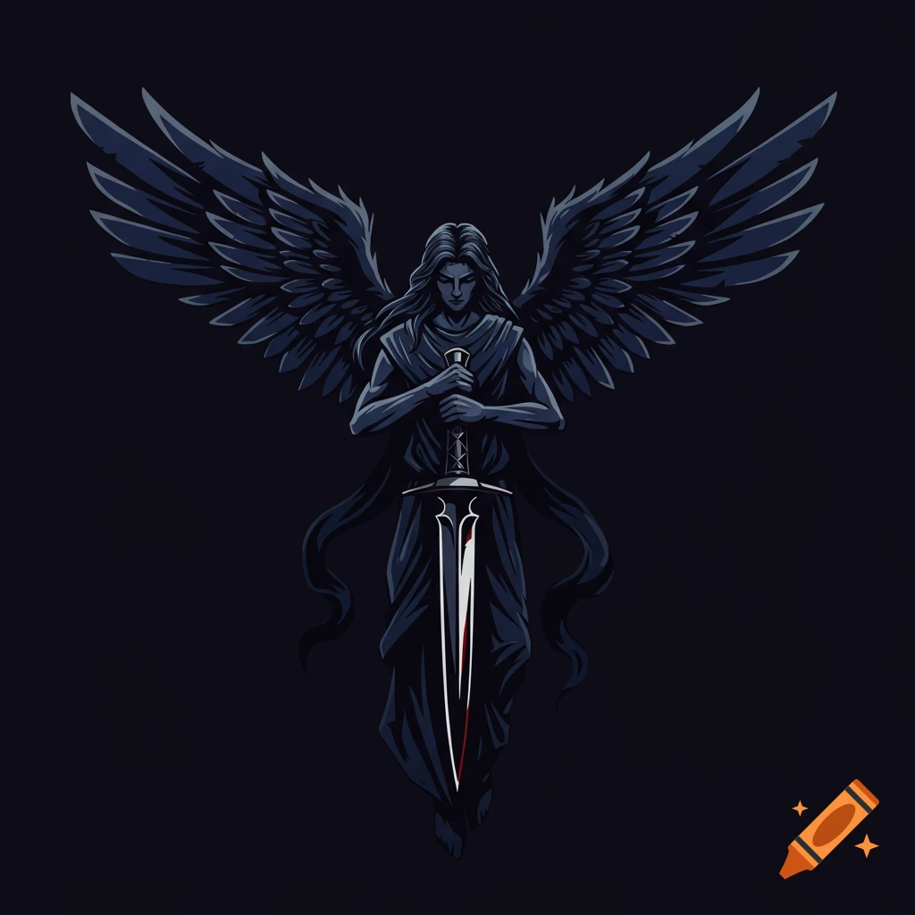 Illustration of a dark angel figure holding a sword, with large wings spread against a black background.