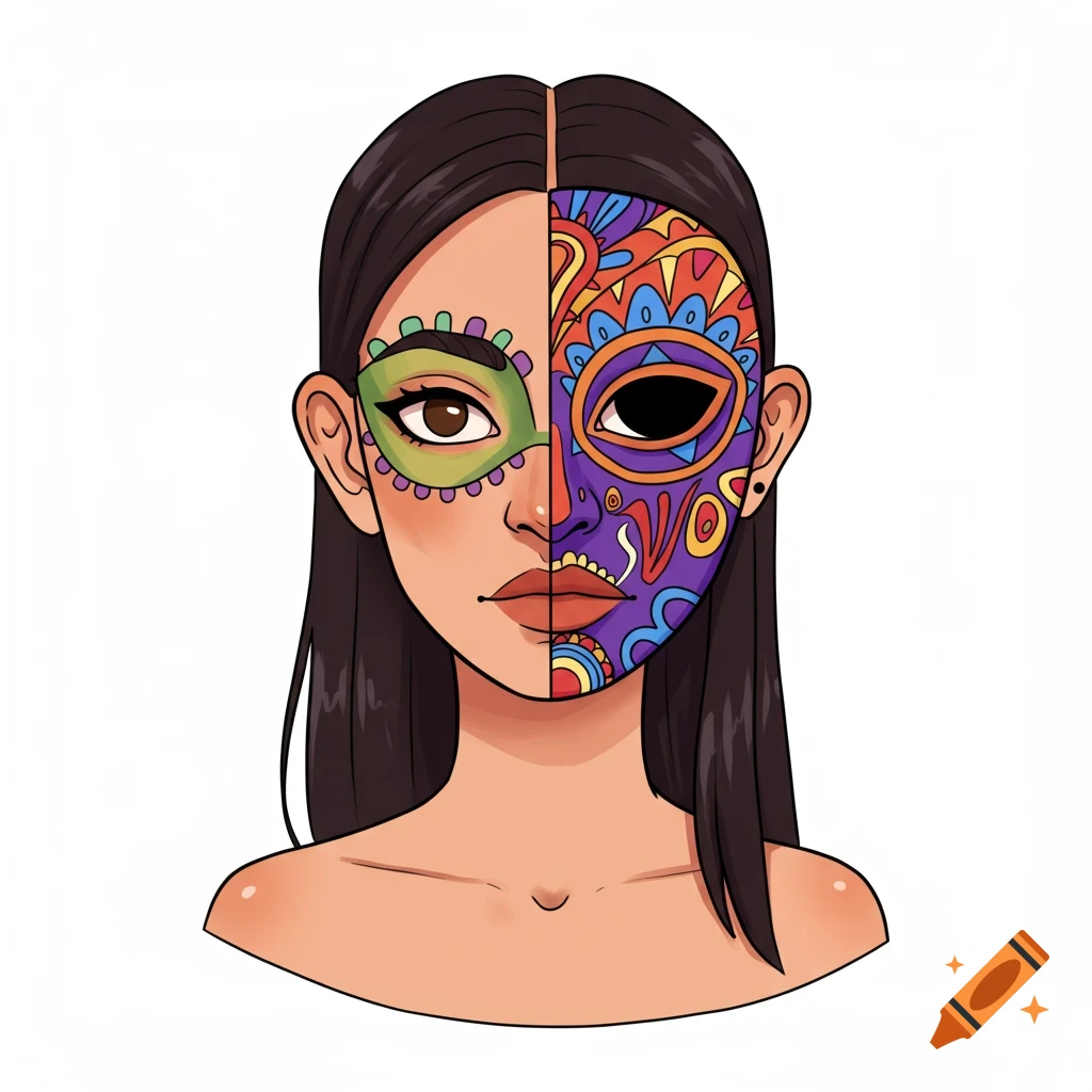 Illustration of a woman with half her face covered by a colorful mask.