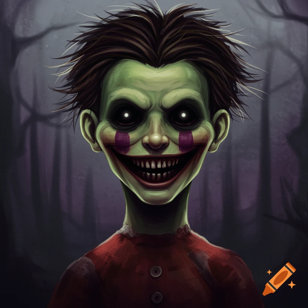 A creepy green-faced puppet with a wide grin and glowing white eyes against a dark forest background.