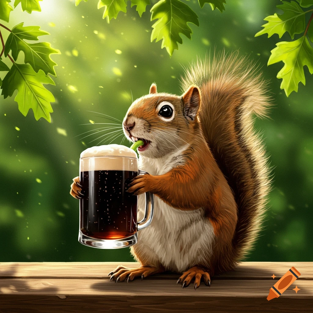 A squirrel holding a mug of beer on a wooden table.