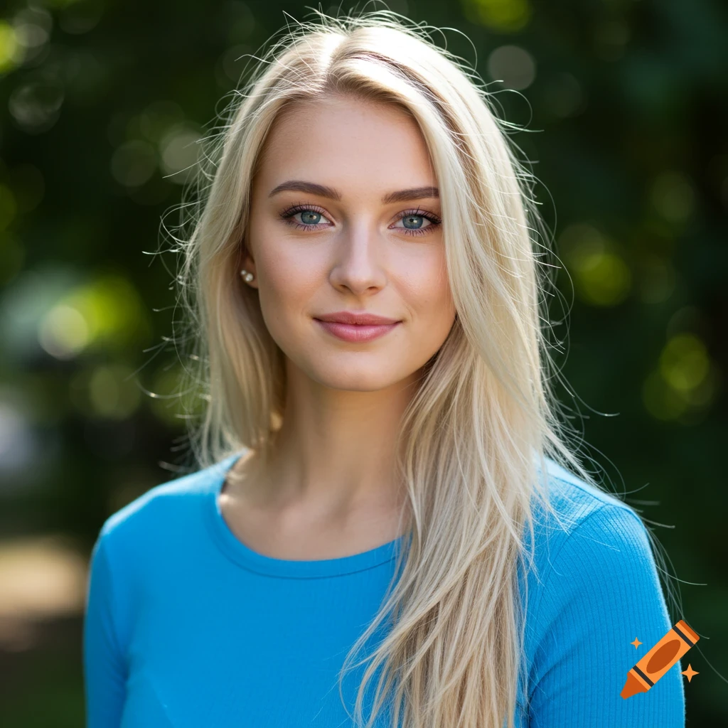 A blonde woman with blue eyes wearing a blue shirt, outdoors.